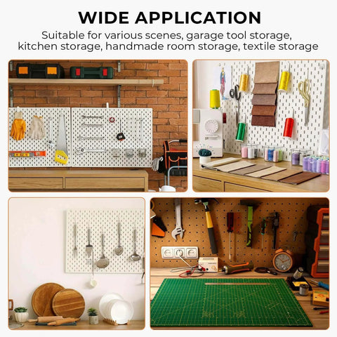 Wall-mounted storage solutions for kitchen tools, textiles, and garage tools showing diverse applications and organization ideas.