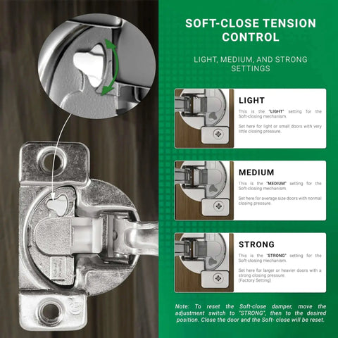 Soft-close tension control settings for 50 Pack Cabinet Hinges With Soft Close, 108 Degree Opening, 1 Inch Overlay, showing adjustment options