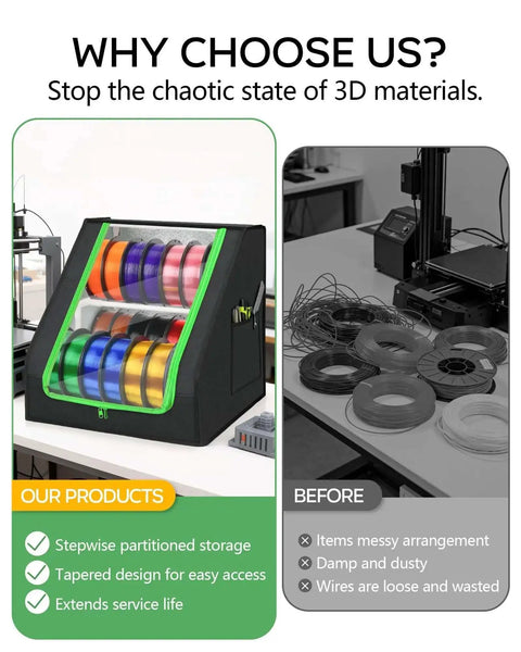 Heavy Duty 3D Printer Filament Storage Box With 21 Spool Capacity next to cluttered filament area showing organization benefits