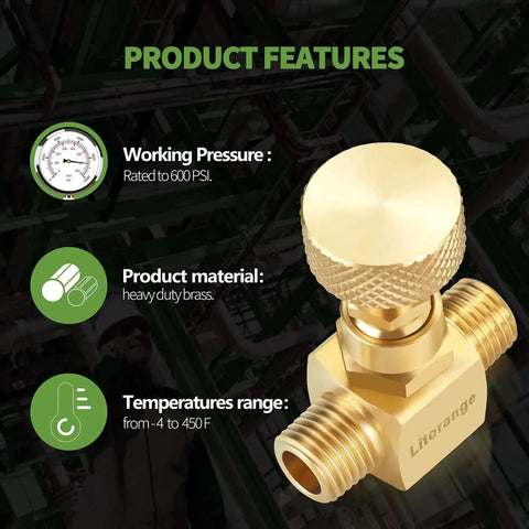 Heavy Duty Brass Needle Valve Set With 1/4 Inch Male NPT Connections, showcasing product features including 600 PSI and temperature range.