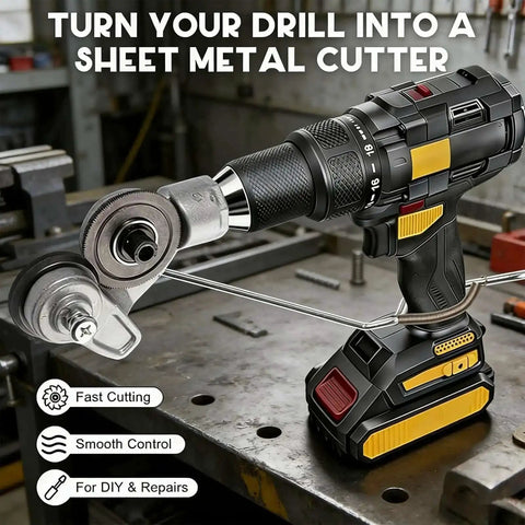 Cordless drill with titanium drill nibbler sheet metal cutter attachment, showcasing smooth and precise metal cutting on workbench