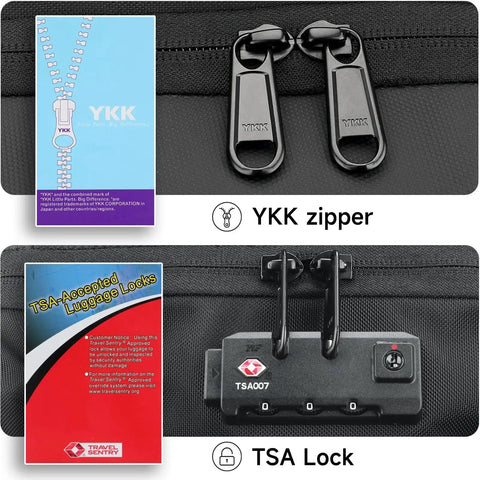 Two In One Rolling Backpack With Wheels And Backpack Convertible Design For Travel And Work Fits 17 Inch Laptop showing YKK zipper and TSA lock