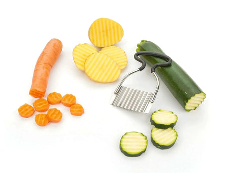 Crinkle Cutter For Fruits And Veggies With Non Slip Comfort Rubber Handle And Zigzag Stainless Steel Blade, slicing vegetables.