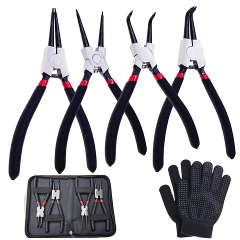 4 Piece 7 Inch Snap Ring Pliers Set With Internal And External Circlip Pliers, Straight And 90 Degree Angled Jaws in tool case