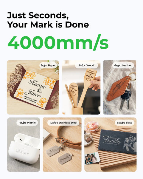 Engraved items showcasing versatility of Lightning Fast 4000mm Per Second Laser Engraver for wood, leather, acrylic, and glass.