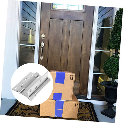 Double Acting Spring Hinge For Residential Doors in front of a wooden door with packages, self-closing, heavy duty, easy install