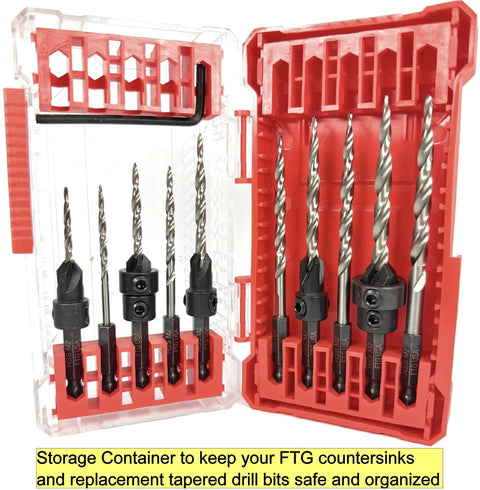 Woodworking Countersink Drill Bit Set With Depth Adjustable 5 Piece Replacement Tapered Bits For Wood Sizes Four Six Eight Ten Twelve In Durable Storage Case Pro Grade By FTG USA
