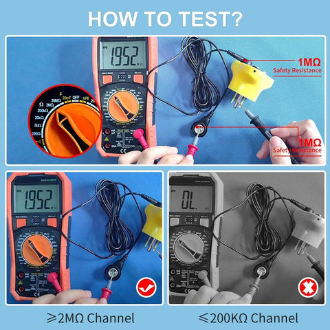 Image showing how to test ESD rubber mat grounding with multimeter and power socket, highlighting resistance levels and connections.