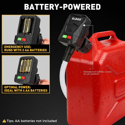 Battery Powered Fuel Transfer Pump No Spill Portable Gas Can Siphon Pump with Auto Stop Safety 3.2 GPM attached to a red gas can.