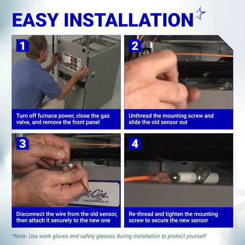 BlueStars 2-pack furnace flame sensor replacement 62-23543-01; four-step install guide.