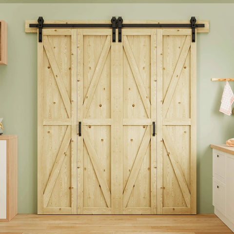 Bi-Fold Barn Door For Closets With Header Board And Hardware Kit, 50 By 84 Inches, Unfinished Spruce Wood Panel, K Shape.