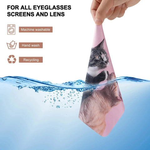 Cute Cat Microfiber Cleaning Cloths 6 Pack For Glasses Phones Screens Cameras shown as machine washable