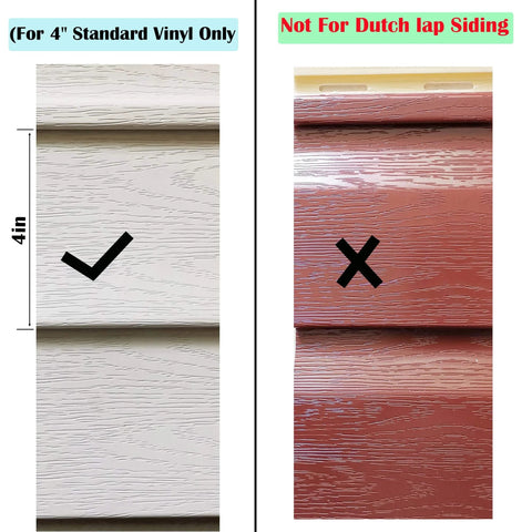 Illustration showing Vinyl Siding Mount compatibility with 4-inch standard vinyl siding and incompatibility with Dutch lap siding.