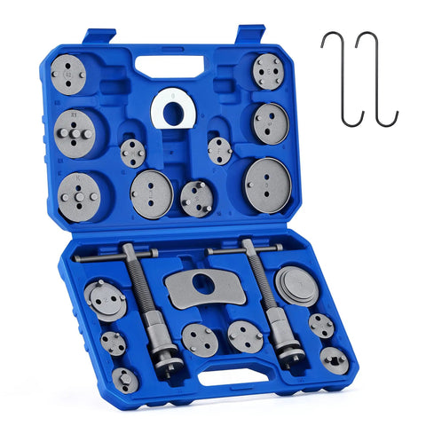 24 Piece Brake Caliper Compression Tool Set For Universal Disc Brakes With Heavy Duty Piston Wind Back Kit And Caliper Hangers In Blue Case Orion Motor Tech shown in blue case with various tools and hangers visible.