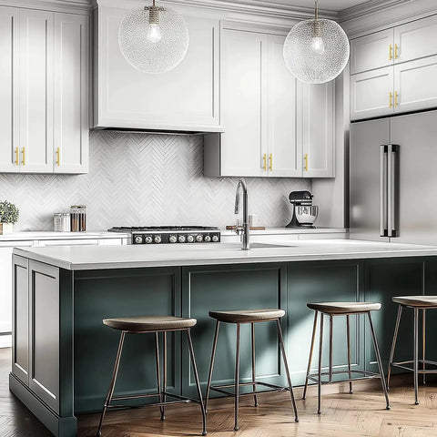 Modern kitchen with stainless steel appliances, island, and cabinets featuring brushed stainless steel cabinet handles with 3 inch center to center hole spacing.