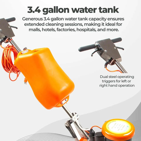 Close-up of 17 Inch Commercial Floor Buffer Scrubber Polisher Machine With 2.0 HP Motor, 3.4 Gallon Tank, dual handles