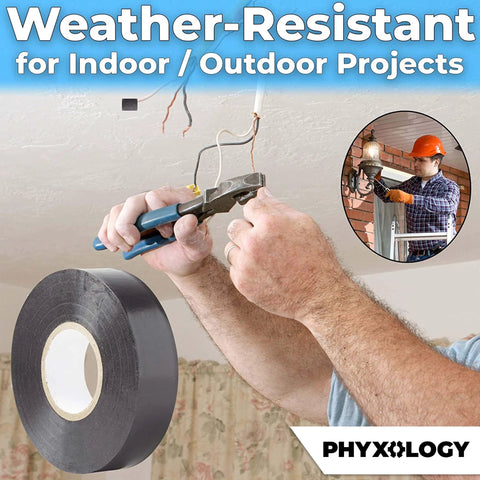 Electrical tape, black, 3/4 in x 60 ft, UL-rated, weather-resistant, 10-pack with Phyxology logo
