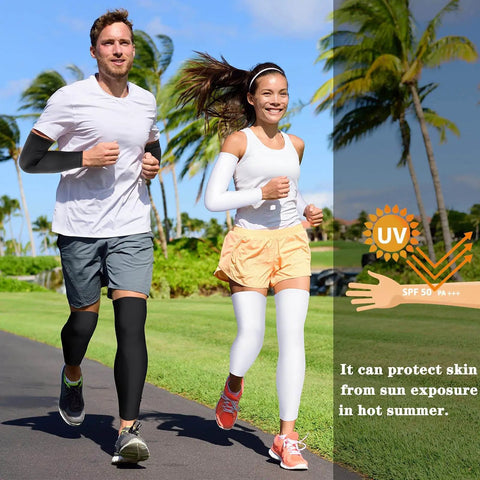 Two Pairs Compression Full Length Leg Sleeves And Two Pairs Sunscreen Arm Sleeves Set For Men And Women Black And White X Small Bre