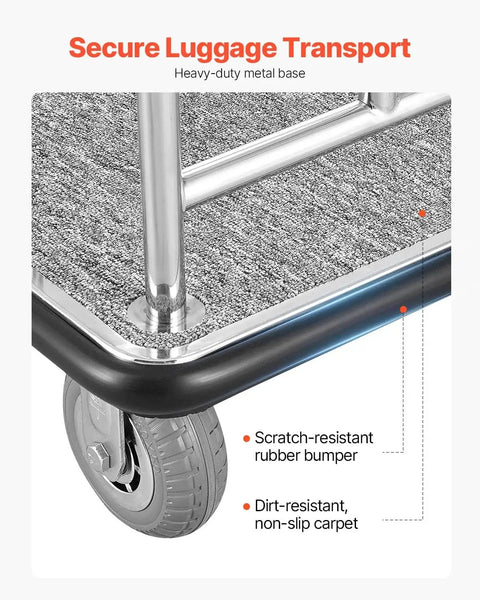 Close-up of a Hotel Luggage Cart with Brushed Stainless Steel Finish and Grey Carpeted Deck, featuring 6-inch rubber wheels and bumper.