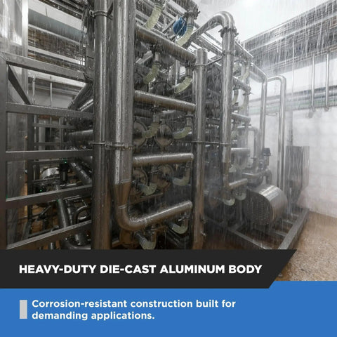Heavy-duty die-cast aluminum gas system under rainfall, showcasing corrosion-resistant construction for industrial use.
