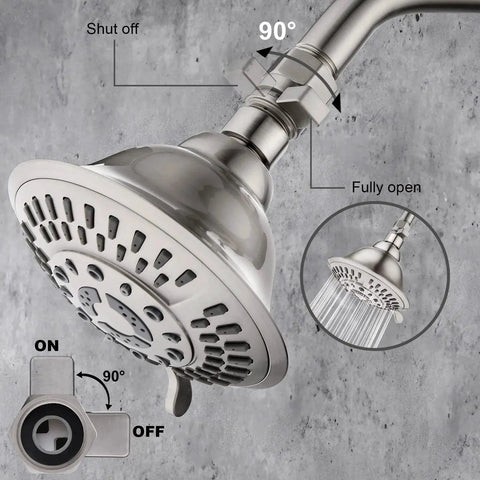 Shower flow control valve with brass body and handle lever, adjustable water volume, brushed nickel finish in use on showerhead.