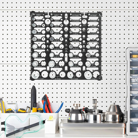 Wall-mounted bolt thread checker gauge kit identifies 36 thread sizes including 20 imperial and 16 metric from M3 x 0.5 to M16 x 2.0.
