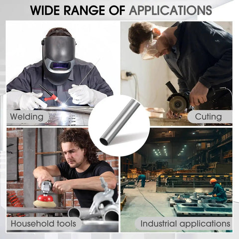 Collage of one and a half inch outer diameter 304 stainless steel tubing in various applications like welding, cutting, and industrial use.