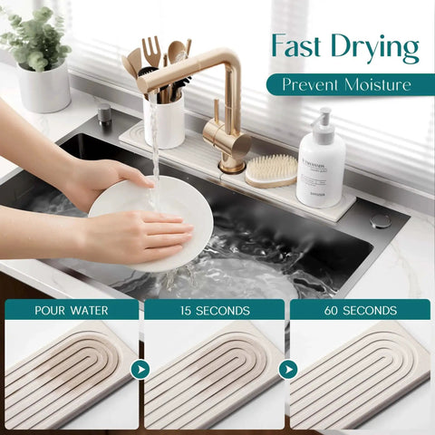 Diatomite Stone Kitchen Sink Mat And Splash Guard For Moisture Absorption installed by sink, showing fast drying sequence.