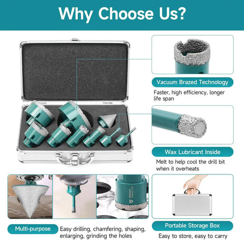 Diamond Core Drill Bit Set With 8 Hole Saws From 6mm To 100mm And 50mm Chamfer Bit In Deep Green Kit for Tile Marble Granite