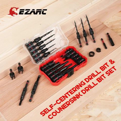 22 Piece Countersink Drill Bit Set For Wood With Self Centering Bits Pro Grade Wood Plug Cutters And Screwdriver Bits Magnetic Extension Bit Holder One Quarter Inch Hex Shank In Durable Storage Box on wooden surface