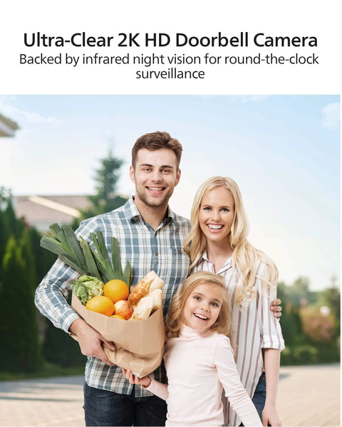 Family posing with groceries outside, emphasizing security benefits of Dual Cameras 2K QHD Video Doorbell With Motion Detection.
