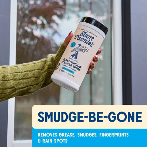 Hand holding Streak Free Glass And Window Cleaning Wipes With Vinegar Plant Based Cleaners in front of a window inside a room.