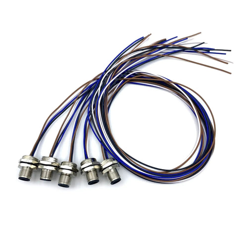 Front view of Five Pack M12 4 Pin A Code Male Connector Cable For IP67 Back Mount Unshielded Straight Aviation Socket Sensor Receptacle