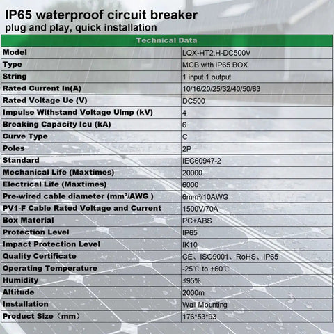 Technical specifications of IP65 waterproof circuit breaker for solar installations with plug and play installation guide.