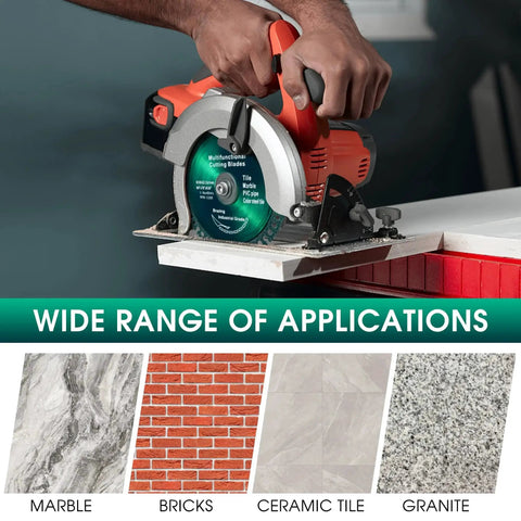 Circular saw in use on countertop with cutting blade and range of applications including marble and granite shown below.