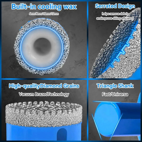 Close-up of Diamond Hole Saw Drill Bit Kit 11 Piece Set showing serrated brazed core bits and built-in cooling wax for drilling.