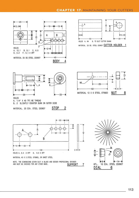 Page from Milling Machine For Home Machinists The Practical Handbook For Choosing Installing And Operating A Milling Machine In Your Home Workshop With 150 Plus Photos And Diagrams, chapter on maintaining cutters, with technical diagrams and measurements.