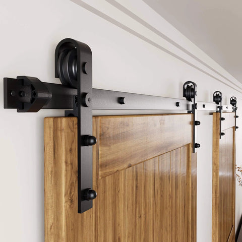 Black Rustic Non Bypass Sliding Barn Door Hardware Kit For Double Doors 11 Ft Flat Track With Classic Roller System