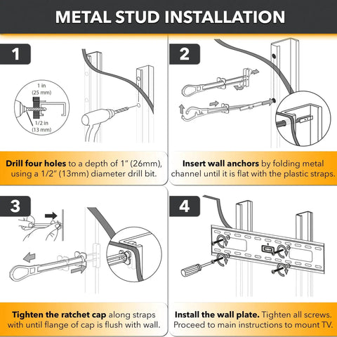Steel Stud TV Mounting Kit With Heavy Duty Anchors Holds Up To Two Hundred Pounds On Steel Studs Includes Six Elephant Anchors One Quarter Inch And Titanium Coated Pilot Head Drill Bit For Precise Easy Installation installation guide