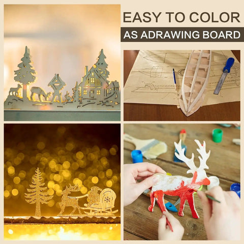 Collage of basswood sheets being used in laser cutting, engraving, painting crafts, featuring deer figurines and lighted dioramas.