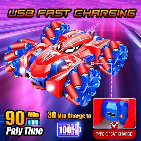Kids 2.4GHz Rechargeable RC Car With 360 Degree Rotating Dual Side Driving 4WD Stunt Vehicle With Totally Cool Lights display