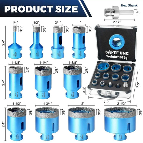 Diamond Hole Saw Kit For Tile 12 Piece Set With Diamond Core Drill Bits 1/4 To 2 1/2 Inches 5/8 Inch 11 UNC Thread Works With Grinders And Drills Wet And Dry Use Brazed For Porcelain Glass Marble Granite Stone Surfaces Ideal For Home And Pro Projects display in open case showing sizes