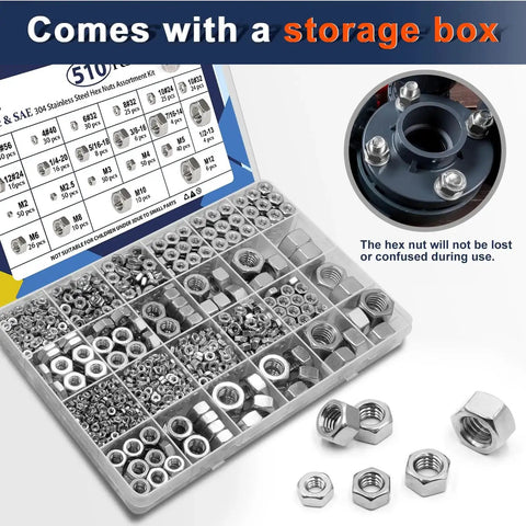 2 In 1 SAE And Metric Hex Nut Set In Stainless Steel 510 Piece Nut Kit With Inch And Metric Threads organized in storage box
