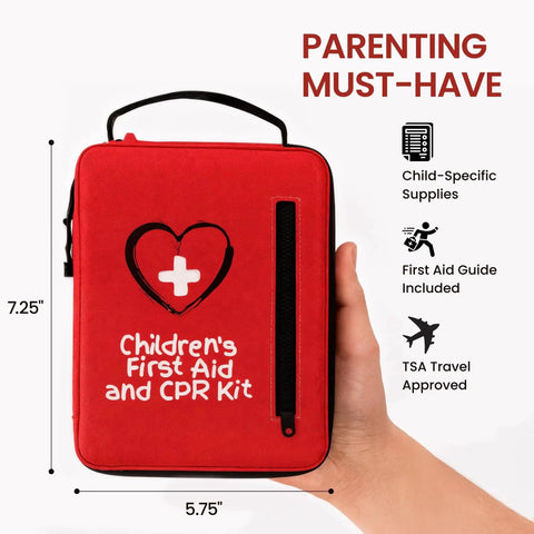 Kids Portable First Aid Kit With CPR Shield For Home Car School Camping And Travel by Life Safety Pro in red case