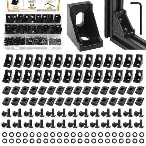 30 Piece 2020 Series Aluminum T Slot Rail Connector Kit With 2028 Corner Bracket For DIY Framing And Projects Includes T Slot Sliding Nuts And M5 Hex Screws For Aluminum Rail Accessories, showing complete kit layout.
