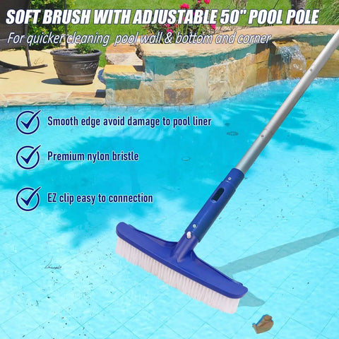 All In One Pro Grade Pool Cleaning Kit With 10 Inch Nylon Brush And 50 Inch Telescopic Aluminum Pole for pools