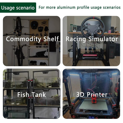 Image showing aluminum extrusion usage in commodity shelves, racing simulator setups, fish tanks, and 3D printers.