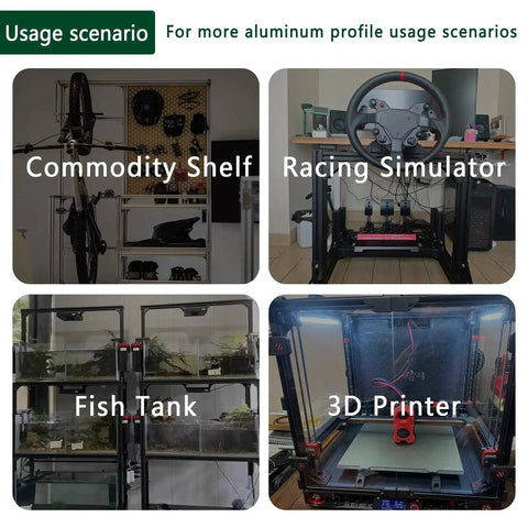 Usage scenarios for 60Pcs 4040 Aluminum Extrusion Hardware Kit including commodity shelf, racing simulator, fish tank, 3D printer.