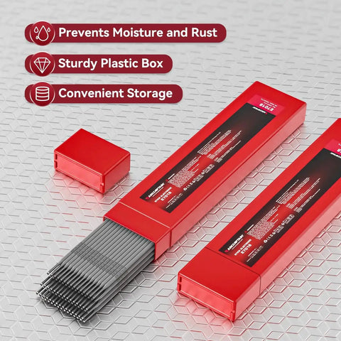 Low Hydrogen E7018 3/32 Inch Welding Rods 5 Pound Pack for carbon steel arc welding, shown in sturdy red plastic box with open lid