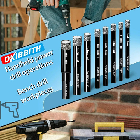 Ten Pack One Quarter Inch Diamond Drill Bits Set For Tile Porcelain Ceramic Granite Marble Stone And Glass With Dry Drilling Capability Includes Storage Case And One Quarter Inch Round Shank For Quick Diy Projects image showing drill bits and drill